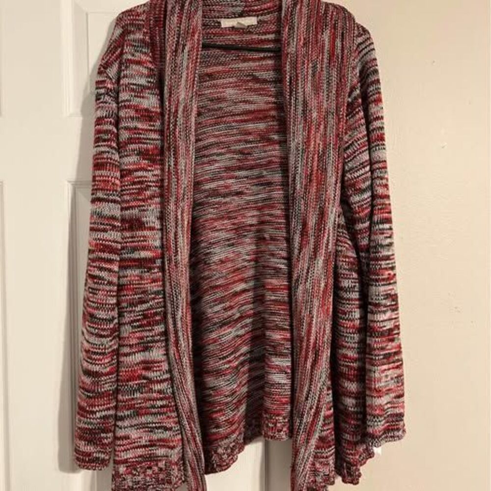 Woman Within Womenโs 18/20 Cardigan Sweater Red Black Gray Space Dye Open Front